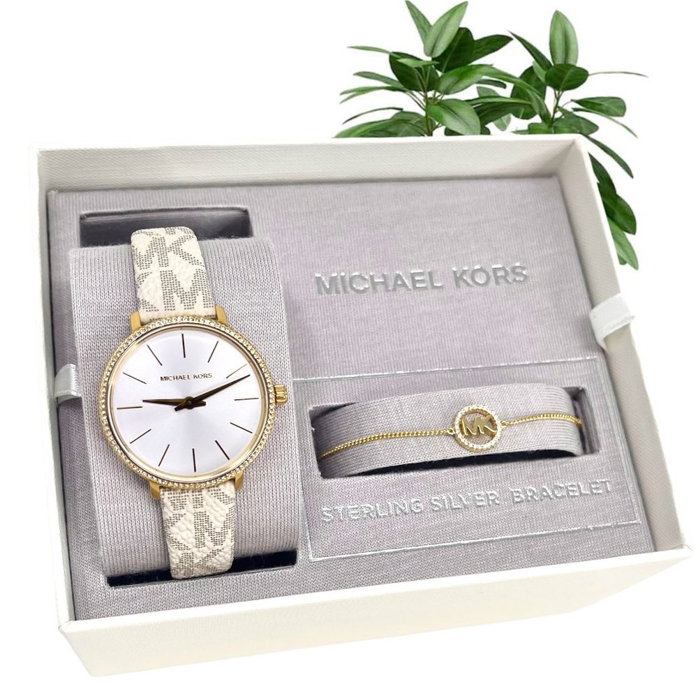 NWT MICHAEL KORS Pyper Two-Hand Vanilla PVC Watch and Bracelet Set MK1037